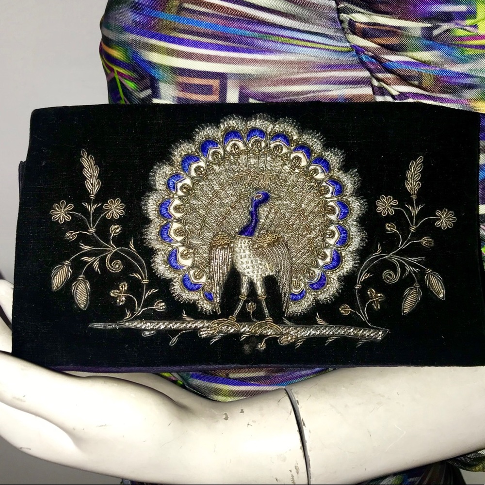 Vintage peacock clutch velvet gold wire silk